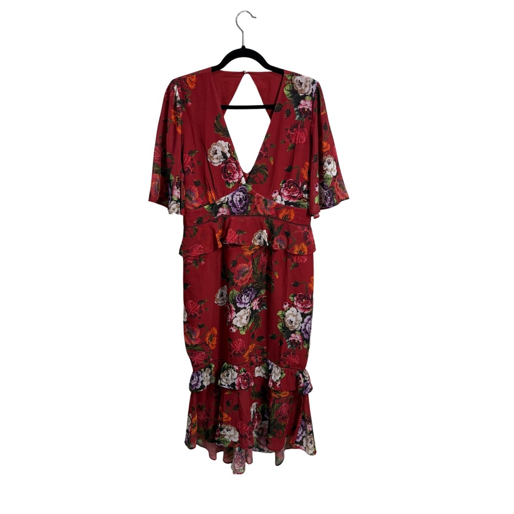 Hope &‎ Ivy Red Floral Flutter Sleeve V Neck Midi Dress Size 16 Romantic Cottage